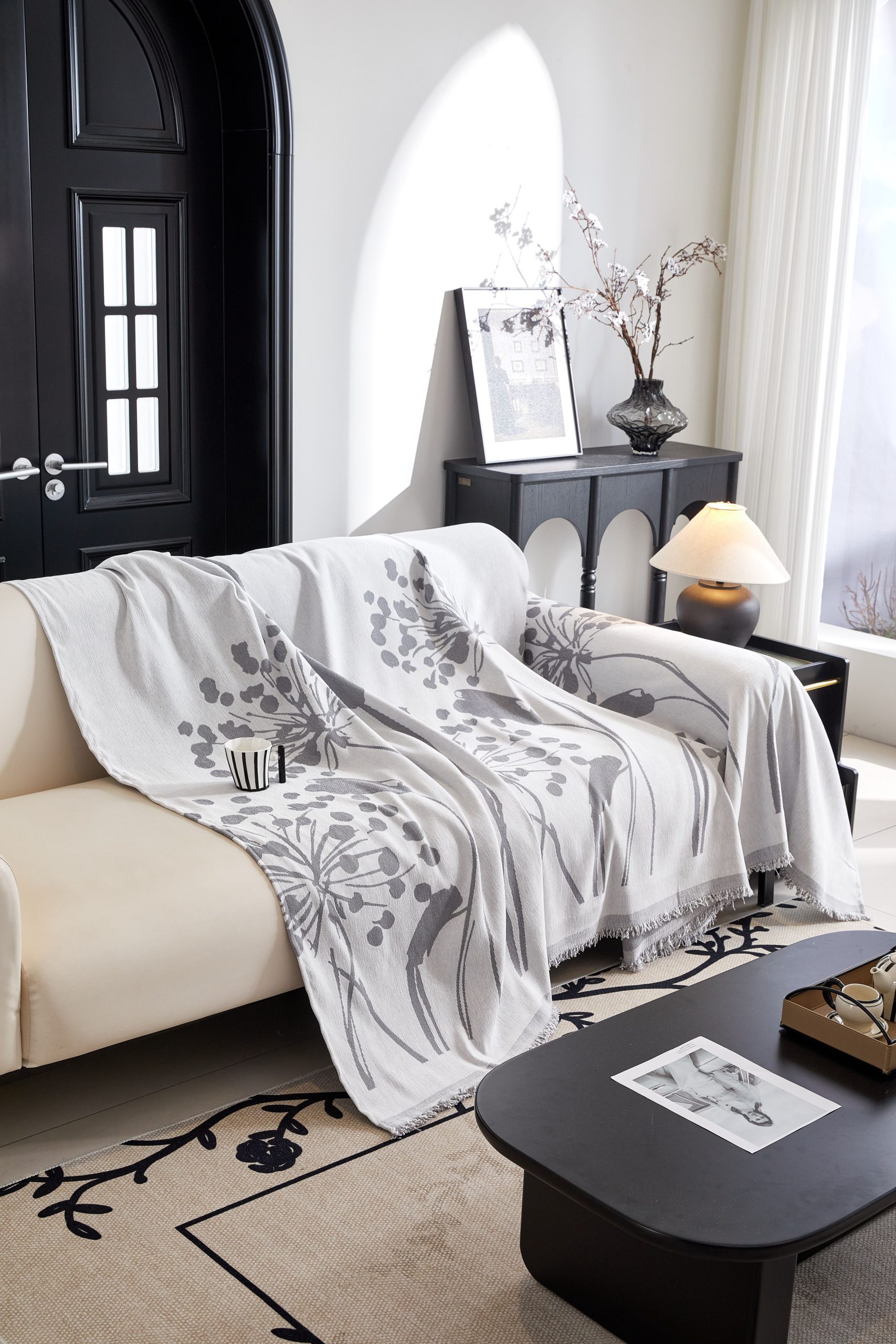 sofa with throw blanket